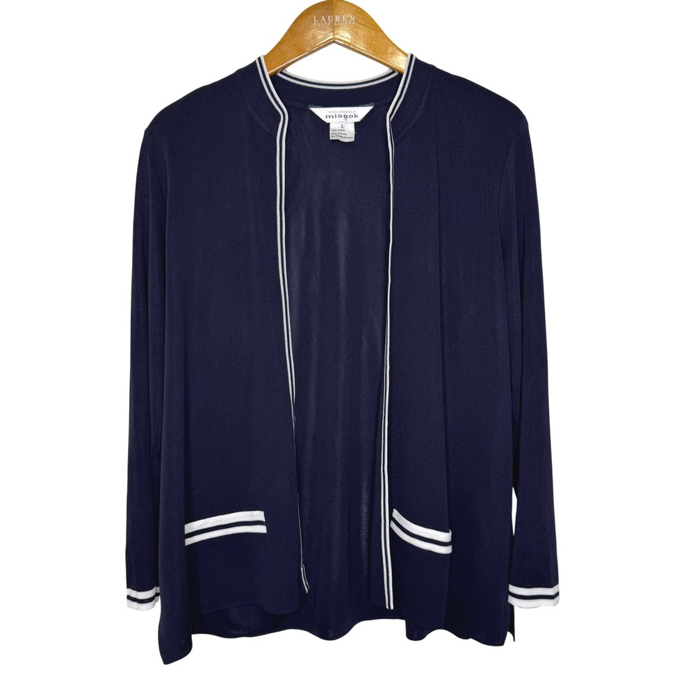 Misook Open Front Cardigan Blue/White Trim Large